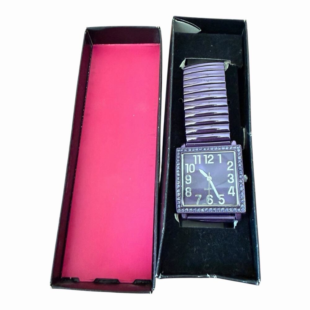Vintage Avon Purple Stretch Band Rhinestone Rectangular Quartz Bracelet Watch